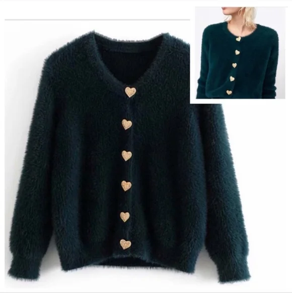 Zara Green Vegan Fur Cardigan Heart Jewel Buttons - Picture 7 of 8